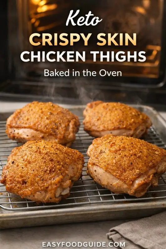 Four keto crispy skin chicken thighs, baked in the oven and resting on a wire rack over a baking sheet. Steam rises from the golden-brown meat. Text reads "Keto CRISPY SKIN CHICKEN THIGHS Baked in the Oven," with the website "EASYFOODGUIDE.COM" at the bottom.