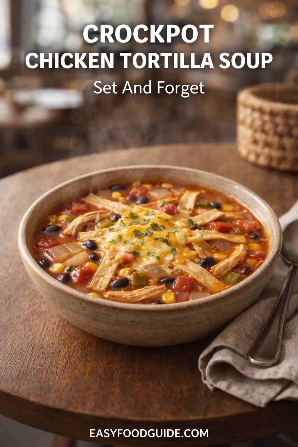 A steaming bowl of crockpot chicken tortilla soup, a set-and-forget meal. The hearty soup is filled with shredded chicken, corn, black beans, and topped with melted cheese and tortilla strips on a wooden table. Text reads "CROCKPOT CHICKEN TORTILLA SOUP Set And Forget," and the website "EASYFOODGUIDE.COM" is at the bottom.