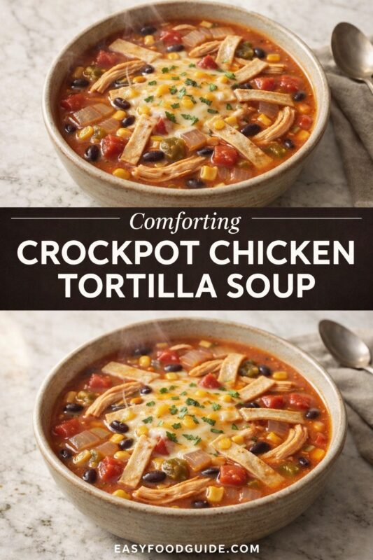 A vertical recipe graphic for a Comforting Crockpot Chicken Tortilla Soup. The top and bottom images show the hearty soup in a bowl, topped with cheese, tortilla strips, and cilantro on a marble surface. A banner reads "Comforting CROCKPOT CHICKEN TORTILLA SOUP."