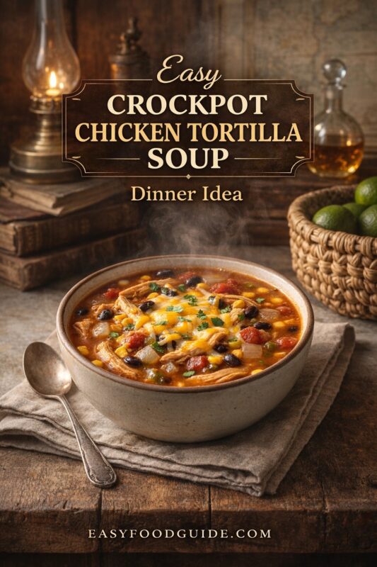 A rustic presentation of easy crockpot chicken tortilla soup, a dinner idea served in a ceramic bowl. The soup is garnished with cheese and cilantro, set on a wooden table next to a basket of limes and an old-fashioned lamp. Text reads "Easy CROCKPOT CHICKEN TORTILLA SOUP Dinner Idea," and the website "EASYFOODGUIDE.COM" is at the bottom.
