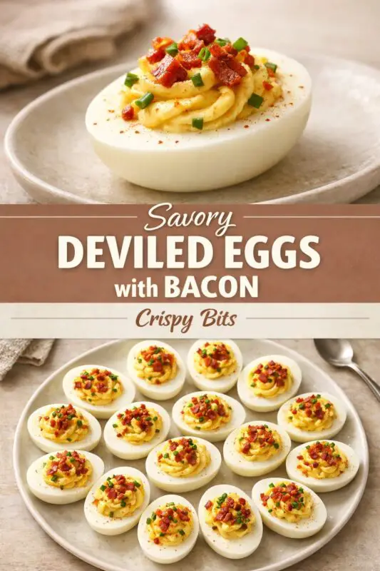 A vertical recipe graphic for Savory Deviled Eggs with Bacon. The top is a close-up of a single deviled egg piped with filling and topped with bacon and chives. The middle banner reads "Savory DEVILED EGGS with BACON Crispy Bits." The bottom shows a full plate of the prepared eggs on a wooden surface.