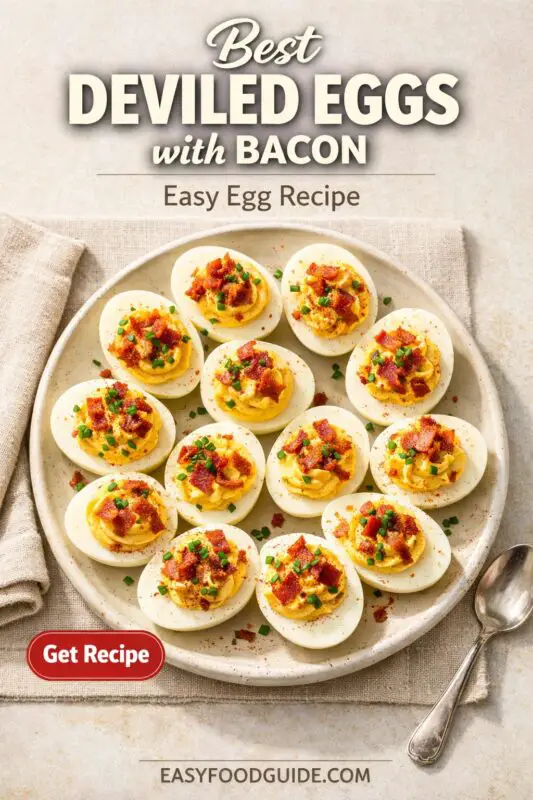 A top-down view of a platter filled with deviled eggs topped with bacon and chives, set on a linen napkin next to a spoon. Text reads "Best DEVILED EGGS with BACON Easy Egg Recipe," with a red "Get Recipe" button and the website "EASYFOODGUIDE.COM."