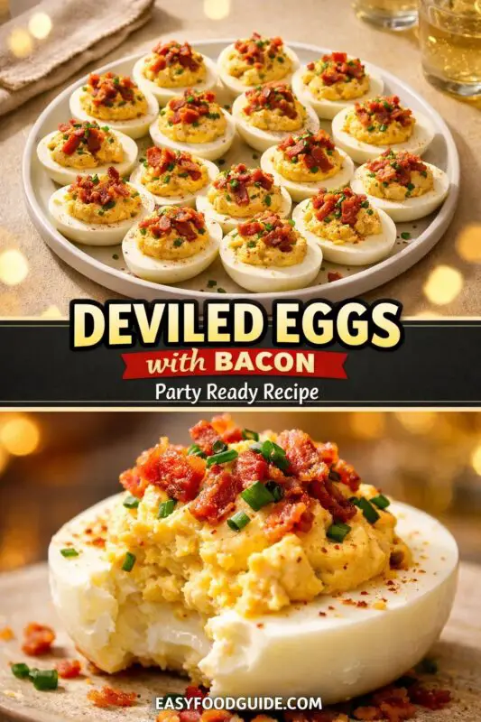 A vertical recipe graphic for "DEVILED EGGS with BACON Party Ready Recipe." The top image shows a full platter of deviled eggs on a festive table. The bottom is a close-up of a single egg, highlighting the creamy filling and bacon topping against a bokeh background.