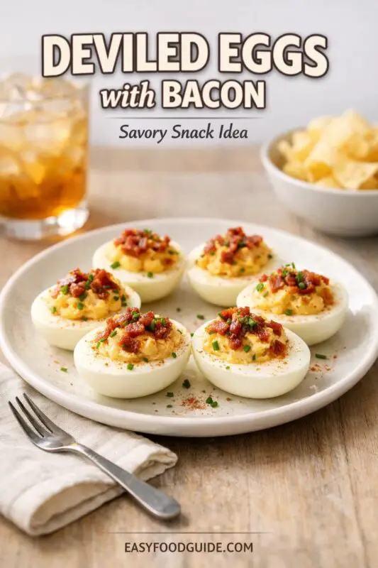 A plate of five deviled eggs topped with bacon and chives, presented as a savory snack idea. A glass of iced tea and a bowl of chips are visible in the background on a wooden table. Text overlay reads "DEVILED EGGS with BACON Savory Snack Idea," and the website "EASYFOODGUIDE.COM" is at the bottom.