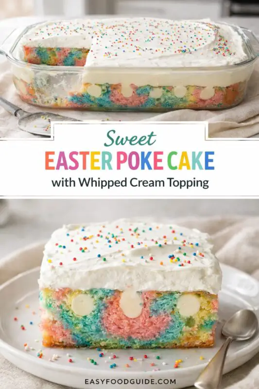 A vertical recipe graphic for Sweet Easter Poke Cake. The top image shows the full cake in a glass baking dish with whipped cream and sprinkles. A banner reads "Sweet EASTER POKE CAKE with Whipped Cream Topping." The bottom is a close-up of a slice revealing the rainbow layers and pudding pockets.