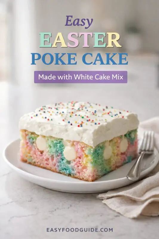 A slice of easy Easter poke cake made with white cake mix, featuring vibrant rainbow colors and pudding pockets. The cake is topped with whipped cream and sprinkles, served on a white plate next to a fork. Text reads "Easy EASTER POKE CAKE Made with White Cake Mix," with the website "EASYFOODGUIDE.COM" at the bottom.