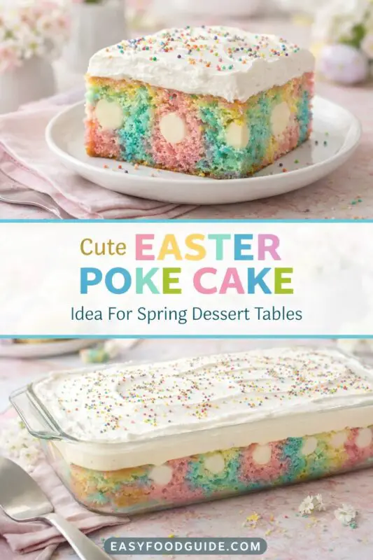A vertical recipe graphic for a Cute Easter Poke Cake. The top image is a slice of the rainbow cake with whipped cream on a plate, set against a spring-themed background. A banner reads "Cute EASTER POKE CAKE Idea For Spring Dessert Tables." The bottom shows the full cake in a glass dish ready to serve.