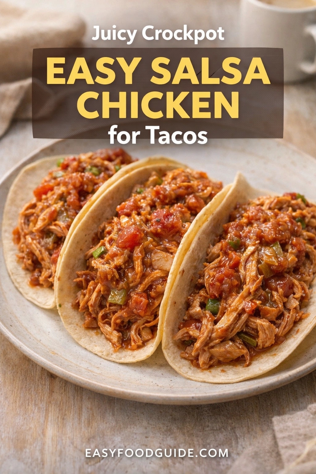 A plate of juicy crockpot easy salsa chicken for tacos, served in soft tortillas. The shredded chicken is mixed with a savory salsa and green peppers on a wooden table. Text reads "Juicy Crockpot EASY SALSA CHICKEN for Tacos," and the website "EASYFOODGUIDE.COM" is at the bottom.