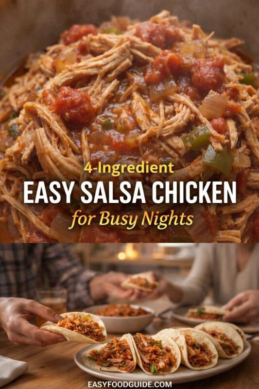 A vertical recipe graphic for a 4-Ingredient Easy Salsa Chicken. The top image shows the shredded chicken mixture, while the bottom displays it being served as tacos for busy nights. A banner reads "4-Ingredient EASY SALSA CHICKEN for Busy Nights."