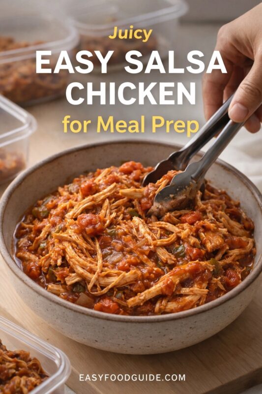 A close-up of juicy easy salsa chicken for meal prep, being served from a bowl with tongs. The shredded chicken is surrounded by meal prep containers on a wooden surface. Text reads "Juicy EASY SALSA CHICKEN for Meal Prep," and the website "EASYFOODGUIDE.COM" is at the bottom.