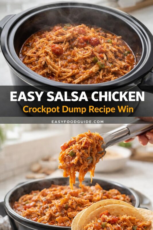 A vertical recipe graphic for an Easy Salsa Chicken Crockpot Dump Recipe. The top image shows the chicken cooking in a slow cooker, while the bottom displays it being served onto tacos. A banner reads "EASY SALSA CHICKEN Crockpot Dump Recipe Win."