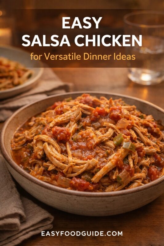 A bowl of easy salsa chicken for versatile dinner ideas, served in a rustic ceramic dish. The shredded chicken is mixed with a rich salsa sauce on a wooden table. Text reads "EASY SALSA CHICKEN for Versatile Dinner Ideas," and the website "EASYFOODGUIDE.COM" is at the bottom.