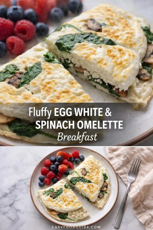 A vertical recipe graphic for a Fluffy Egg White & Spinach Omelette. The top image shows the breakfast omelette with mushrooms and feta, while the bottom displays it served with fresh berries. A banner reads "Fluffy EGG WHITE & SPINACH OMELETTE Breakfast."