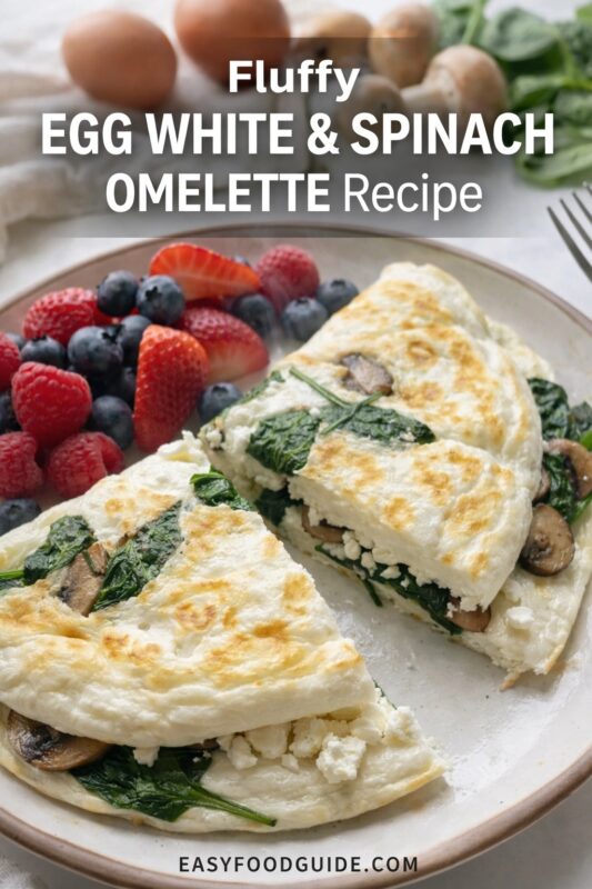 A fluffy egg white & spinach omelette recipe, presented on a plate with fresh berries. The light and airy omelette is filled with spinach, mushrooms, and feta cheese. Text reads "Fluffy EGG WHITE & SPINACH OMELETTE Recipe," and the website "EASYFOODGUIDE.COM" is at the bottom.