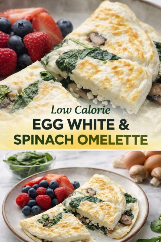 A vertical recipe graphic for a Low Calorie Egg White & Spinach Omelette. The top and bottom images show the healthy breakfast dish served with fresh berries, highlighting its light texture. A banner reads "Low Calorie EGG WHITE & SPINACH OMELETTE."