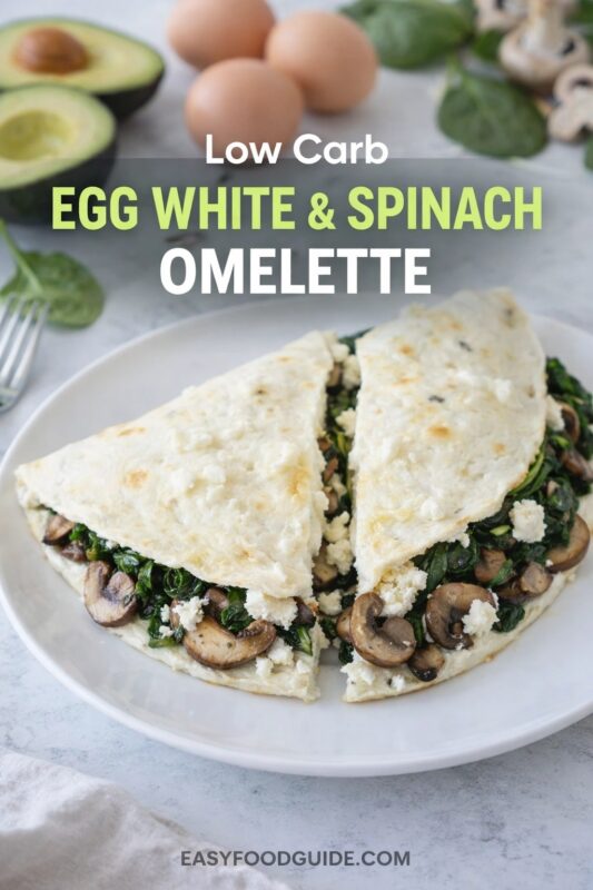 A low carb egg white & spinach omelette, cut in half to reveal the filling of mushrooms and feta cheese. The dish is presented on a white plate with fresh ingredients like avocado and eggs in the background. Text reads "Low Carb EGG WHITE & SPINACH OMELETTE," and the website "EASYFOODGUIDE.COM" is at the bottom.