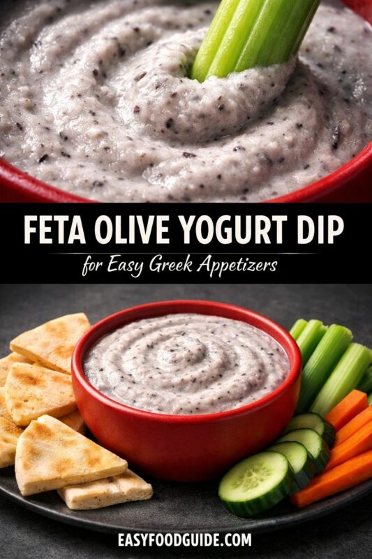 A vertical recipe graphic for a Feta Olive Yogurt Dip. The top image is a close-up of the dip with celery, while the bottom shows it served as an easy Greek appetizer with pita and vegetables. A banner reads "FETA OLIVE YOGURT DIP for Easy Greek Appetizers."