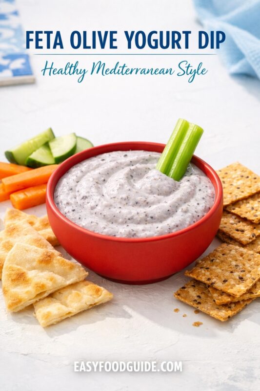 A healthy Mediterranean style feta olive yogurt dip, served in a red bowl. The creamy dip is presented with pita bread, crackers, and fresh vegetables on a bright white surface. Text reads "FETA OLIVE YOGURT DIP Healthy Mediterranean Style," and the website "EASYFOODGUIDE.COM" is at the bottom.