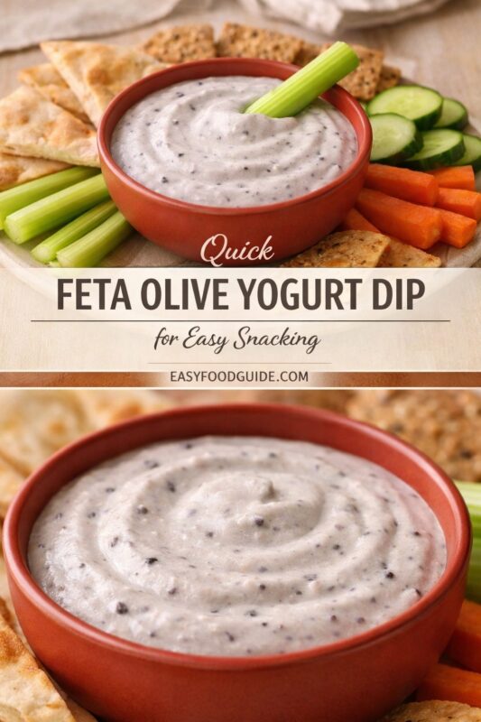 A vertical recipe graphic for a Quick Feta Olive Yogurt Dip. The top and bottom images show the easy snacking dip in a red bowl, surrounded by crackers and fresh vegetables. A banner reads "Quick FETA OLIVE YOGURT DIP for Easy Snacking."