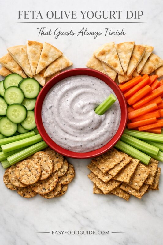 A top-down view of a feta olive yogurt dip in a red bowl, surrounded by an assortment of pita bread, crackers, and fresh vegetables like cucumber, carrots, and celery on a marble surface. Text reads "FETA OLIVE YOGURT DIP That Guests Always Finish," and the website "EASYFOODGUIDE.COM" is at the bottom.
