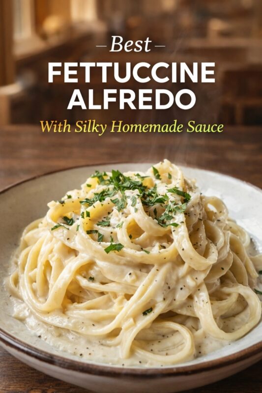 A plate of the best Fettuccine Alfredo with a silky homemade sauce, garnished with fresh parsley and black pepper. The creamy pasta is served in a rustic bowl on a wooden table. Text reads "—Best— FETTUCCINE ALFREDO With Silky Homemade Sauce."