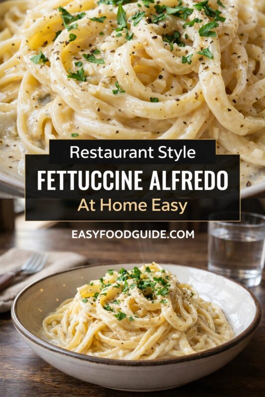 fettuccine-alfredo-2 A vertical recipe graphic for a Restaurant Style Fettuccine Alfredo. The top image is a close-up of the at-home easy pasta, while the bottom shows it served in a bowl. A banner reads "Restaurant Style FETTUCCINE ALFREDO At Home Easy."