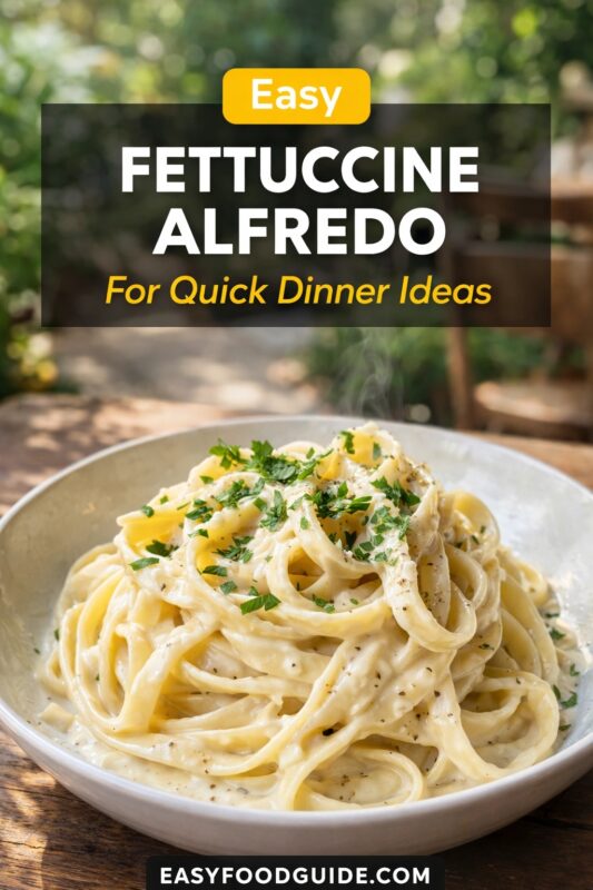fettuccine-alfredo-3 An easy Fettuccine Alfredo for quick dinner ideas, served in a white bowl. The creamy pasta is garnished with parsley and pepper on a wooden table outdoors. Text reads "Easy FETTUCCINE ALFREDO For Quick Dinner Ideas," and the website "EASYFOODGUIDE.COM" is at the bottom.