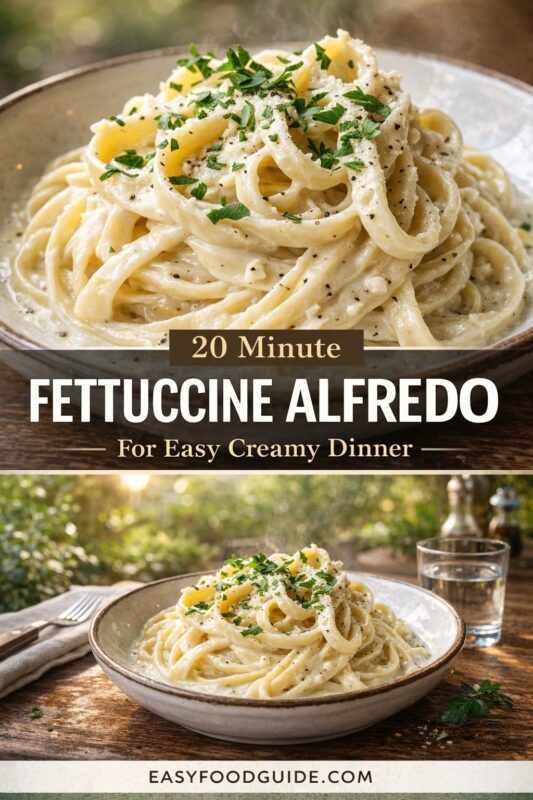 fettuccine-alfredo-4 A vertical recipe graphic for a 20 Minute Fettuccine Alfredo. The top image is a close-up of the easy creamy dinner, while the bottom shows it served on an outdoor table. A banner reads "20 Minute FETTUCCINE ALFREDO — For Easy Creamy Dinner —."