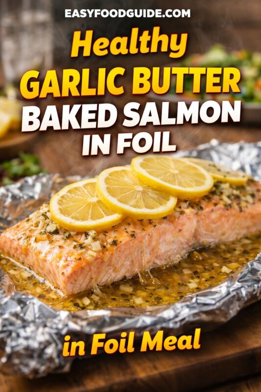 A healthy garlic butter baked salmon in foil, presented as an easy meal. The cooked salmon fillet is topped with lemon slices and herbs, served directly from the foil packet on a wooden board. Text reads "Healthy GARLIC BUTTER BAKED SALMON IN FOIL in Foil Meal," and the website "EASYFOODGUIDE.COM" is at the top.