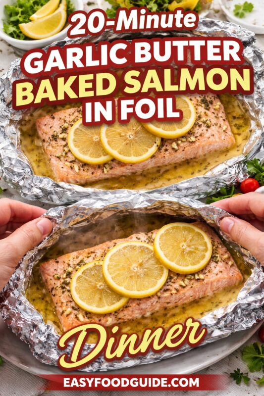 A vertical recipe graphic for a 20-Minute Garlic Butter Baked Salmon in Foil dinner. The top image shows two foil packets with salmon, while the bottom captures hands opening one of the steaming packets. A banner reads "20-Minute GARLIC BUTTER BAKED SALMON IN FOIL Dinner."