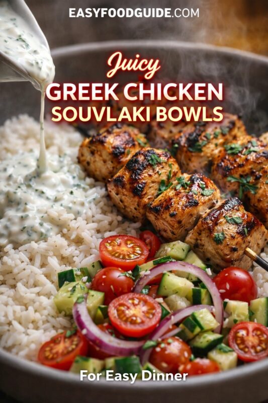 A juicy Greek chicken souvlaki bowl for an easy dinner, shown with sauce being poured over rice and grilled chicken. The bowl is topped with a fresh salad of tomatoes, cucumber, and red onion. Text reads "Juicy GREEK CHICKEN SOUVLAKI BOWLS For Easy Dinner," and the website "EASYFOODGUIDE.COM" is at the top.