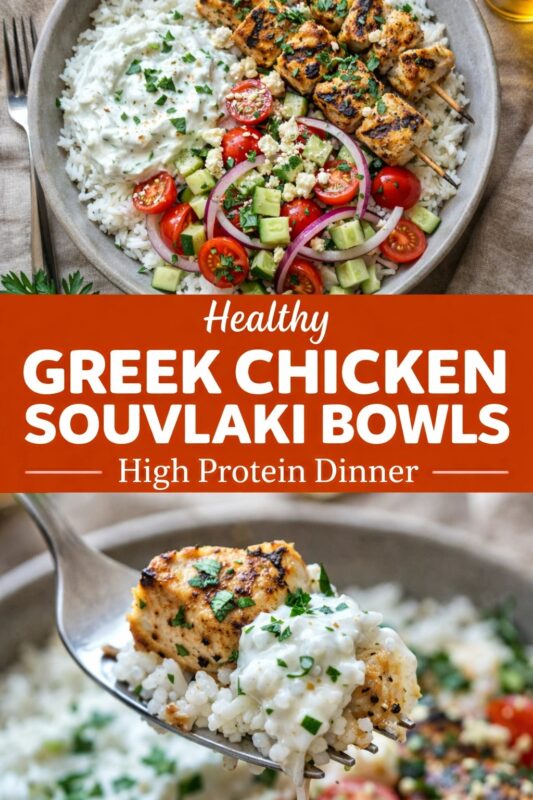 A vertical recipe graphic for a healthy Greek Chicken Souvlaki Bowl, presented as a high-protein dinner. The top image shows the complete bowl with rice, salad, and chicken skewers, while the bottom is a close-up of a forkful of the meal. A banner reads "Healthy GREEK CHICKEN SOUVLAKI BOWLS — High Protein Dinner —."
