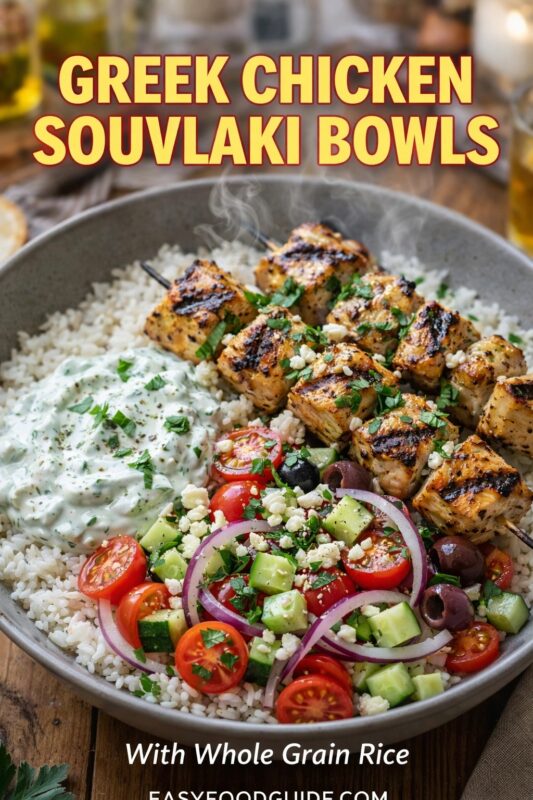 A Greek chicken souvlaki bowl with whole grain rice, featuring grilled chicken skewers, a creamy sauce, and a fresh salad. The steaming dish is presented in a rustic bowl on a wooden surface. Text reads "GREEK CHICKEN SOUVLAKI BOWLS With Whole Grain Rice," and the website "EASYFOODGUIDE.COM" is at the bottom.