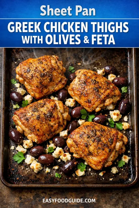 a baking sheet with four well-cooked, golden-brown chicken thighs seasoned with herbs. Surrounding the chicken are dark purple olives, small chunks of crumbly feta cheese, and sprigs of fresh green parsley. The surface of the baking sheet displays a well-used appearance with dark patches and cooking residue. Above the image, there is a blue band with bold white text introducing the dish. Another white text appears at the bottom of the image.