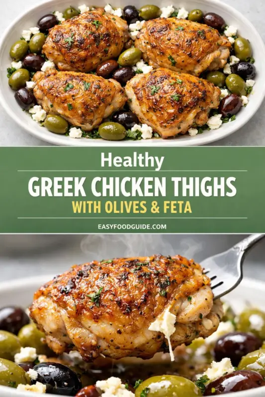 he top section shows a close-up view of a white oval dish containing four seasoned, baked chicken thighs garnished with chopped herbs. Surrounding the chicken are green and black olives, along with crumbled feta cheese. The dish sits on a neutral-colored surface. The bottom section presents a close-up of a fork lifting a golden-brown chicken thigh, steaming and seasoned with herbs. Green and black olives are visible beneath the chicken, alongside crumbled feta cheese.