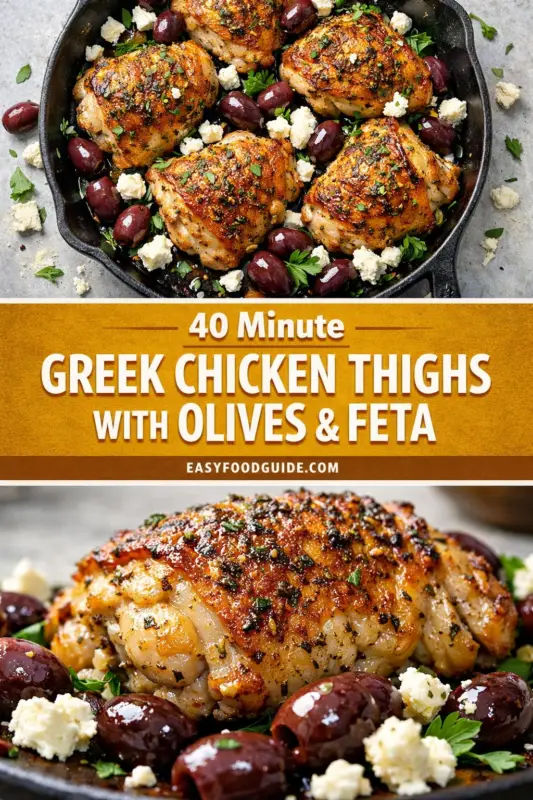 Skillet with Greek chicken thighs, olives, and feta, along with a close-up of a single seasoned thigh.
