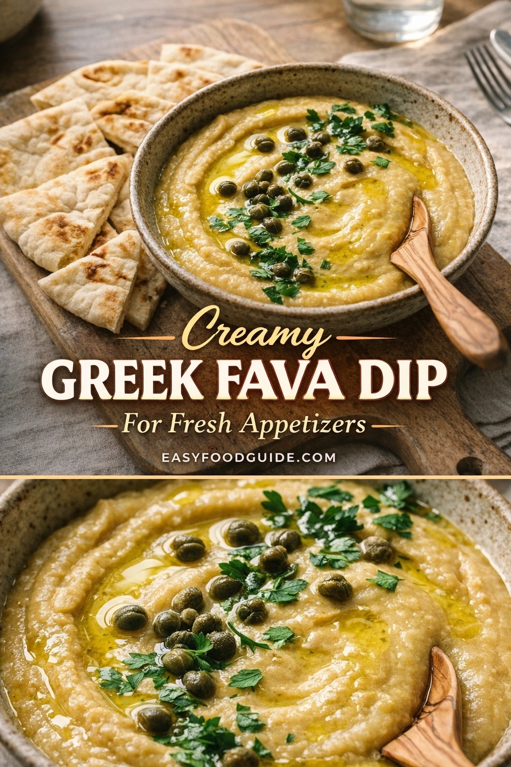A vertical recipe graphic for a Creamy Greek Fava Dip. The top image shows the appetizer served with pita bread on a wooden board, while the bottom is a close-up of the dip garnished with capers and parsley. A banner reads "Creamy GREEK FAVA DIP For Fresh Appetizers."