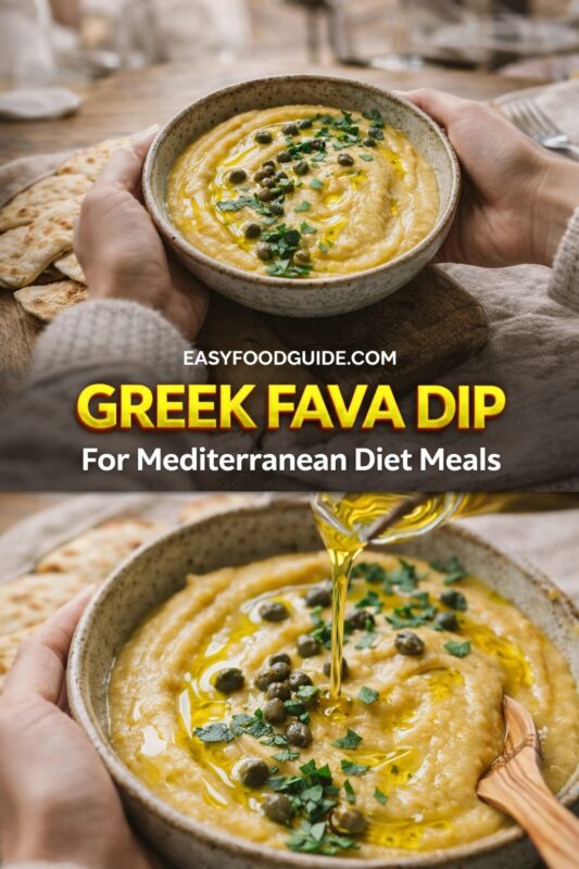 A vertical recipe graphic for a Greek Fava Dip, ideal for Mediterranean diet meals. The top image shows hands holding the bowl of dip with pita bread, while the bottom captures olive oil being poured over it. A banner reads "GREEK FAVA DIP For Mediterranean Diet Meals."