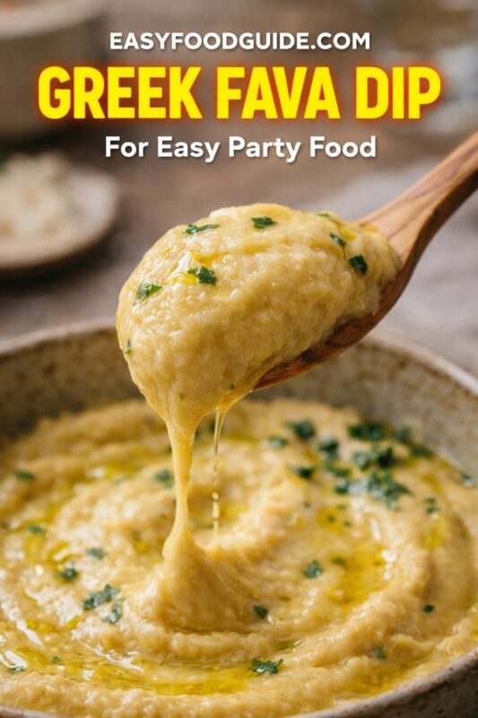 A Greek fava dip for easy party food, shown being scooped with a wooden spoon to highlight its creamy texture. The smooth, yellow dip is garnished with olive oil and herbs in a rustic bowl. Text reads "GREEK FAVA DIP For Easy Party Food," and the website "EASYFOODGUIDE.COM" is at the top.