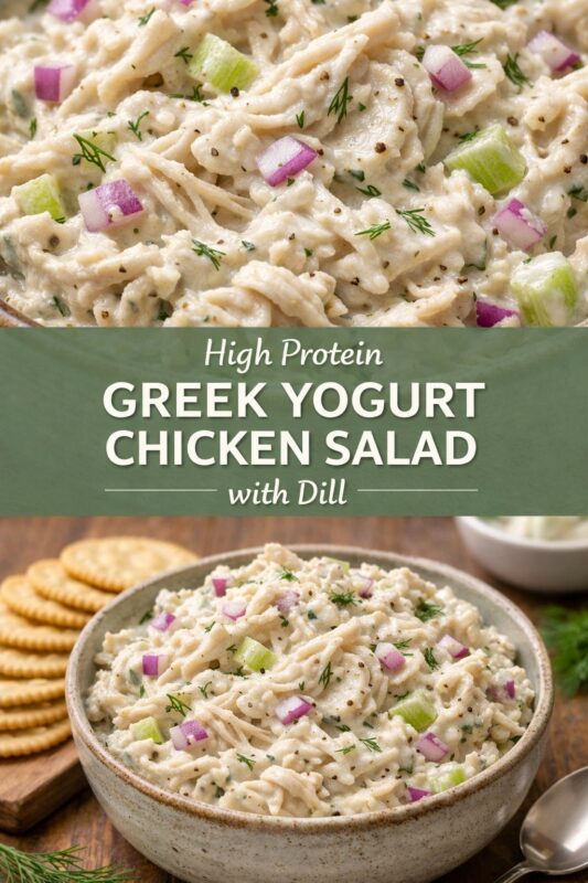 A vertical recipe graphic for a High Protein Greek Yogurt Chicken Salad. The top and bottom images show the dill-infused salad in a bowl, served with crackers on a wooden surface. A banner reads "High Protein GREEK YOGURT CHICKEN SALAD with Dill."