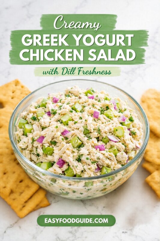 A bowl of creamy Greek yogurt chicken salad with dill freshness, served in a clear glass dish. The salad is surrounded by crackers on a marble countertop and garnished with fresh herbs. Text reads "Creamy GREEK YOGURT CHICKEN SALAD with Dill Freshness," and the website "EASYFOODGUIDE.COM" is at the bottom.