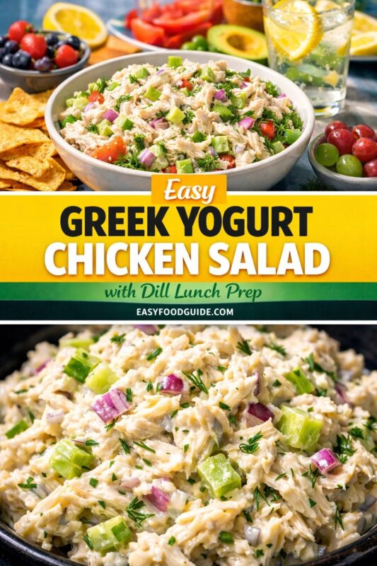 A vertical recipe graphic for an Easy Greek Yogurt Chicken Salad. The top image shows the dill lunch prep salad in a bowl surrounded by fresh ingredients, while the bottom is a close-up of the mixture. A banner reads "Easy GREEK YOGURT CHICKEN SALAD with Dill Lunch Prep."