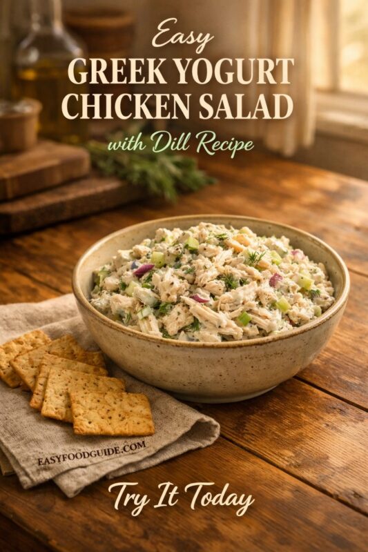An easy Greek yogurt chicken salad with dill recipe, presented in a rustic bowl on a wooden table. The dish is served with crackers and set against a warm, sunlit background. Text reads "Easy GREEK YOGURT CHICKEN SALAD with Dill Recipe Try It Today," and the website "EASYFOODGUIDE.COM" is visible on a napkin.