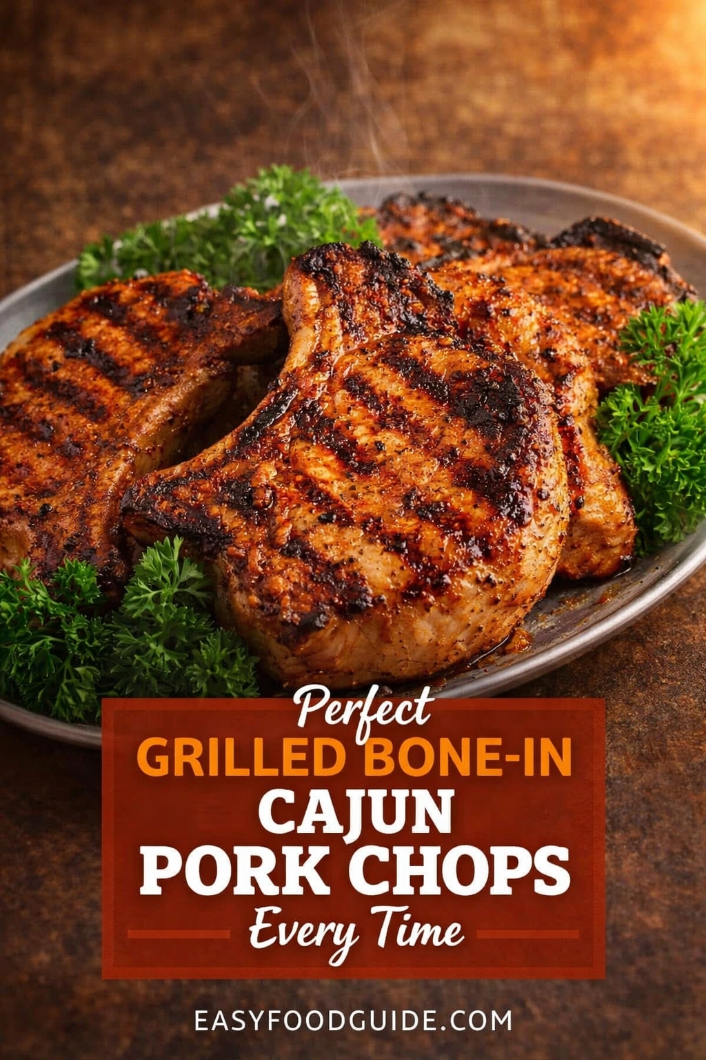A plate of perfect grilled bone-in Cajun pork chops, cooked every time to a smoky, charred finish. The chops are arranged on a platter and garnished with fresh parsley on a rustic surface. Text reads "Perfect GRILLED BONE-IN CAJUN PORK CHOPS Every Time," and the website "EASYFOODGUIDE.COM" is at the bottom.