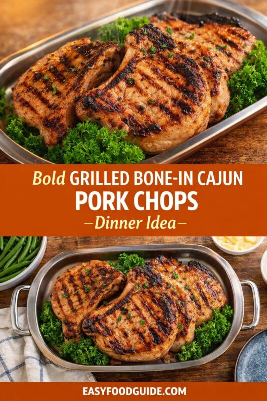 A vertical recipe graphic for Bold Grilled Bone-In Cajun Pork Chops. The top and bottom images show the dinner idea on a metal platter, garnished with parsley and served with side dishes. A banner reads "Bold GRILLED BONE-IN CAJUN PORK CHOPS -Dinner Idea-."