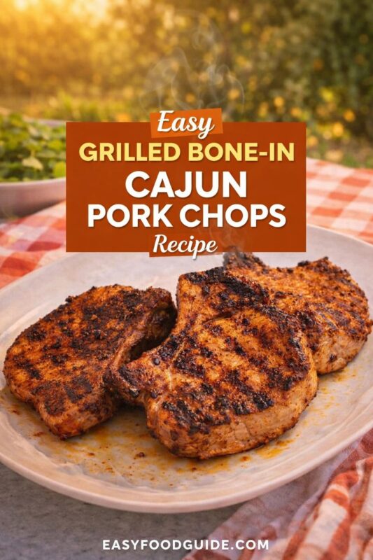 An easy grilled bone-in Cajun pork chops recipe, presented on a plate outdoors with a checkered tablecloth. The steaming chops feature a dark, spicy crust against a sunny, blurred background. Text reads "Easy GRILLED BONE-IN CAJUN PORK CHOPS Recipe," and the website "EASYFOODGUIDE.COM" is at the bottom.