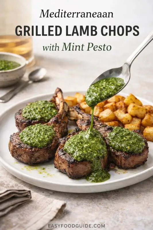 A plate of Mediterranean grilled lamb chops with mint pesto being spooned over them, served with roasted potatoes. A small bowl of extra pesto and a glass of wine are in the background. Text reads "Mediterranean GRILLED LAMB CHOPS with Mint Pesto," and the website "EASYFOODGUIDE.COM" is at the bottom.