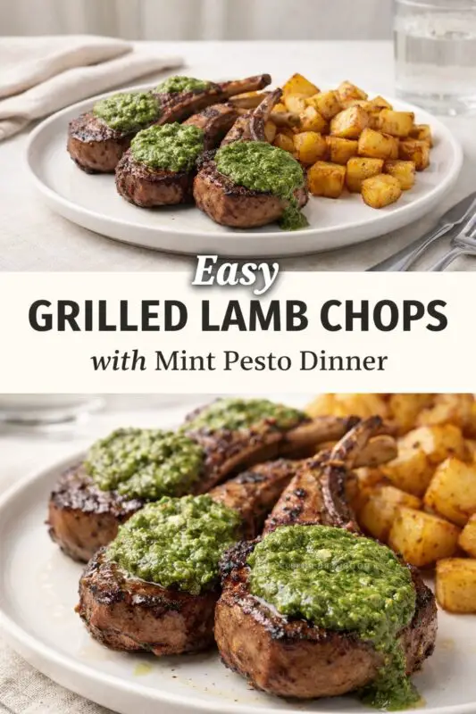 A vertical recipe graphic for Easy Grilled Lamb Chops. The top image shows a plate of lamb chops with mint pesto and potatoes on a light tablecloth. A banner reads "Easy GRILLED LAMB CHOPS with Mint Pesto Dinner." The bottom is a close-up of the finished dish.