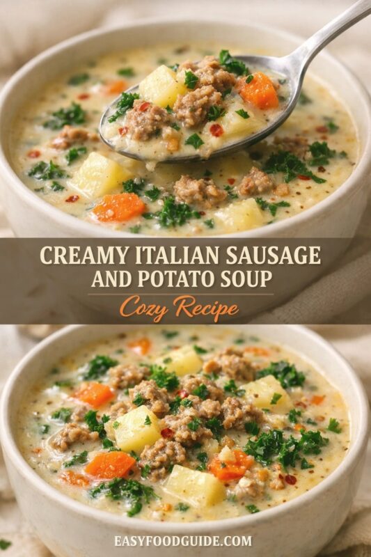 A vertical recipe graphic for a Creamy Italian Sausage and Potato Soup. The top and bottom images show the cozy recipe in a bowl, with a spoon lifting a portion filled with sausage, potatoes, carrots, and herbs. A banner reads "CREAMY ITALIAN SAUSAGE AND POTATO SOUP Cozy Recipe."
