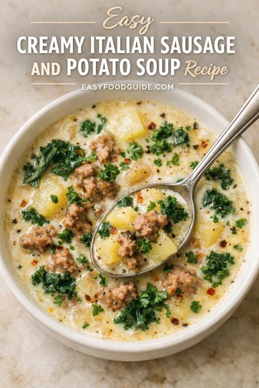 An easy creamy Italian sausage and potato soup recipe, shown in a white bowl with a spoon. The hearty soup is filled with sausage, potatoes, and fresh parsley on a marble surface. Text reads "Easy CREAMY ITALIAN SAUSAGE AND POTATO SOUP Recipe," with the website "EASYFOODGUIDE.COM" below.